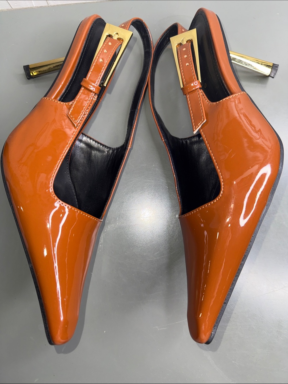 Ding Xiang Pointed Patent Slingback Heels in Cognac by